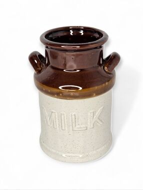 Vintage Milk Jug Pottery Brown and Cream Utensil Holder Crock Vase Farmhouse